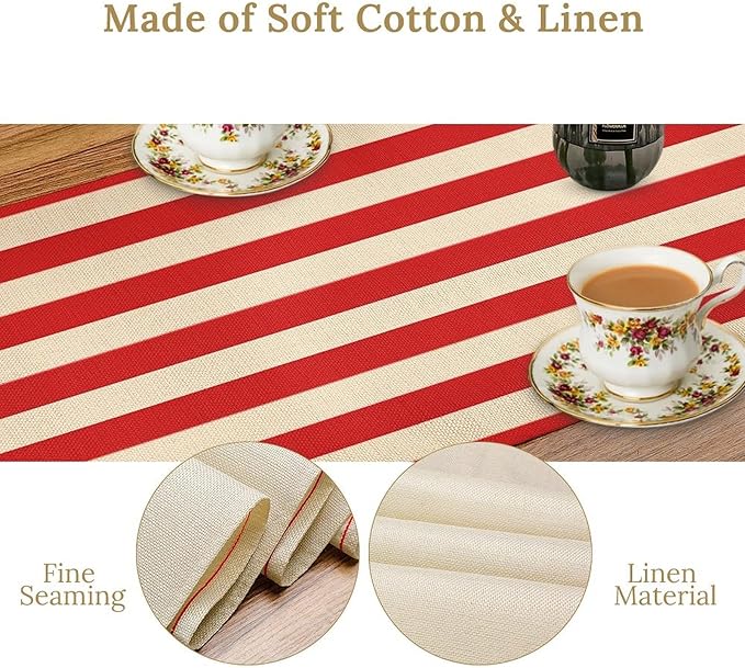 Striped Table Runner,Vintage Abstract Modern Red and White Striped Table Runner Decorated for Family Kitchen Table Party Decoration 13x120 Inch
