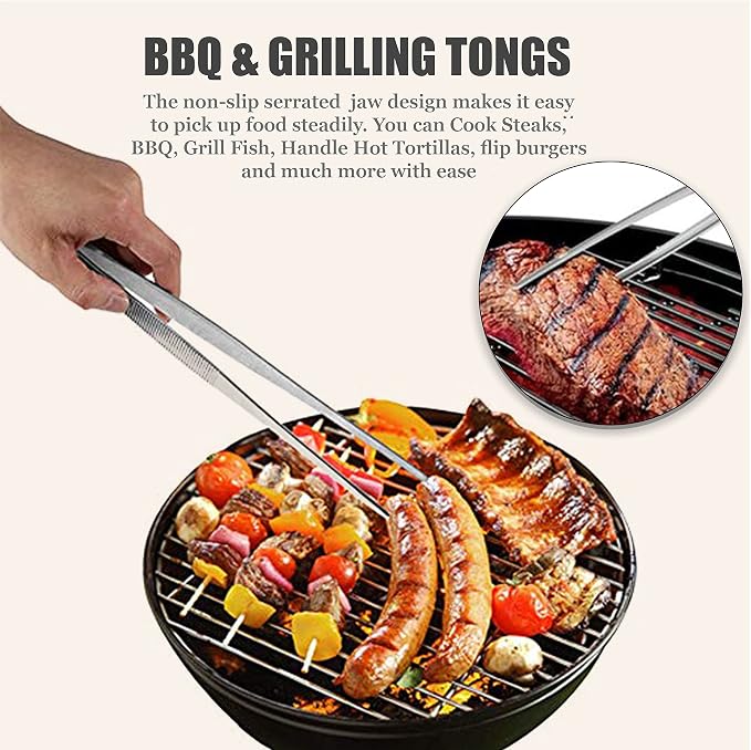 Professional Culinary Stainless Steel Precision Tongs with Serrated Tips, Plating/Food Presentation Detailing Serving Tongs, Chef's Kitchen Tweezer Tongs - Ultra Non-Slip Grip (8 Inch)