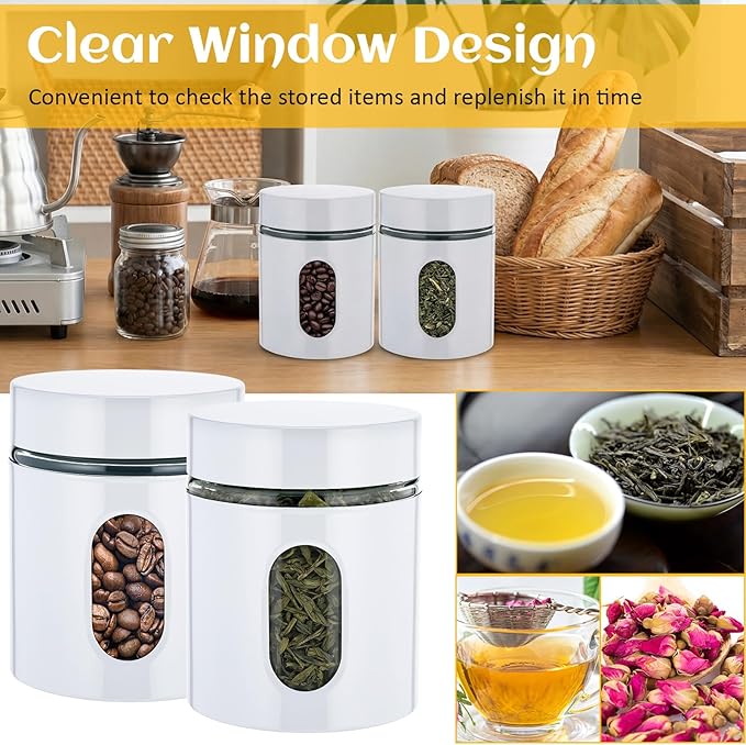Mimorou 6 Pack Kitchen Canisters Set Airtight Coffee Sugar Tea Storage Jars with Window Glass Stainless Steel Containers with Lids for Flour Cookies Spices Grains Kitchen Decorations(White,20 oz)