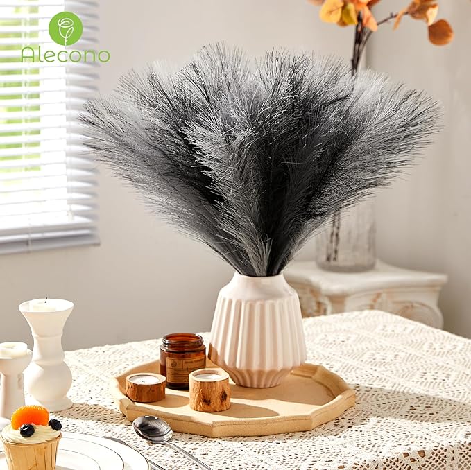 Alecono Pampas Grass 17.7in 𝟯𝟬𝙋𝙘𝙨 , Black Pampas Grass Decor for Home Decoration, Faux Pampas Grass Wall Decor for Wedding Centerpieces Party Decorations (Black, Grey)