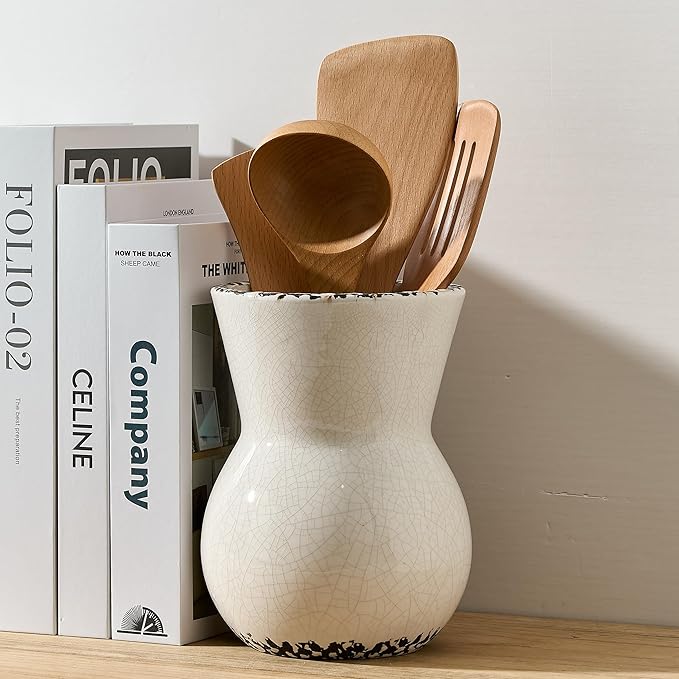 JIEMEI HOME Ceramic Kitchen Utensil Holder for Kitchen Counter, 7.56" Large Rustic Utensil Crock, Farmhouse Cooking Tool Organizer, Spatula Holder For Kitchen Decor, Antique Cracked White