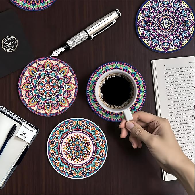 zcyhtqp, Funny Absorbent Round Ceramic Stone Coasters Set of 4 with Cork Base, Mandala Drink Coasters, Ceramic Boho Coasters, Gifts for Home, Kitchen, Bar, Office Table Décor