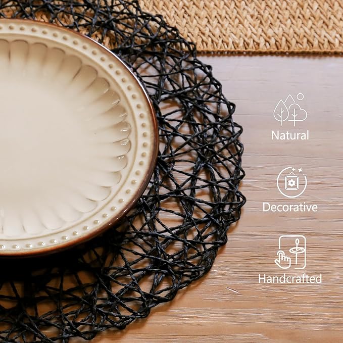 AHHFSMEI Paper Braided Round Placemats Set of 12 Natural Non-Slip Heat Resistant Table Mats for Dining Tables Woven Indoor & Outdoor Place mats(Black,12)