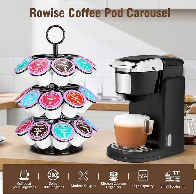 ROWISE Coffee Pod Holder, Coffee Pod Carousel Holder Organizer（27 Pods, Kitchen Detachable Organizer for Countertop, Spins 360-Degrees Carousel