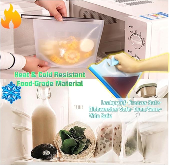 Reusable Silicone Food Storage Bags & Beeswax Wraps Set (7-Piece) | Airtight Leakproof, Freezer Dishwasher Microwave Safe | Eco Friendly Zero Waste Food Storage Containers for Meal Prep, Snack