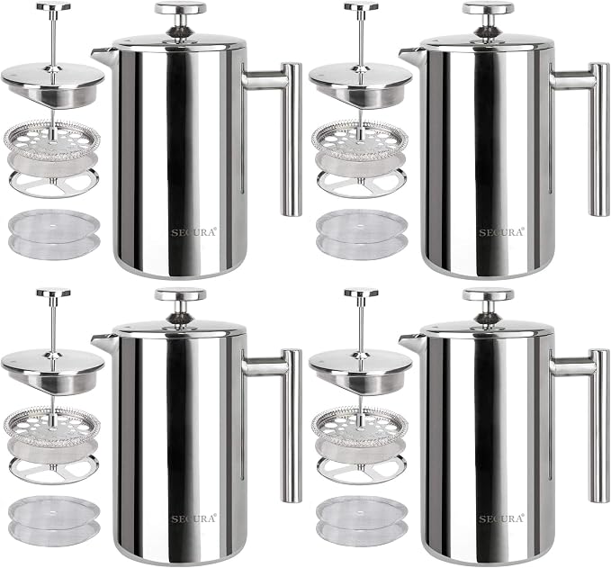 Secura French Press Coffee Maker, 304 Grade Stainless Steel Insulated Coffee Press with 2 Extra Screens, 12oz (0.35 Litre), Silver (Pack of 4)
