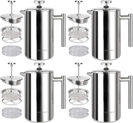 Secura French Press Coffee Maker, 304 Grade Stainless Steel Insulated Coffee Press with 2 Extra Screens, 12oz (0.35 Litre), Silver (Pack of 4)