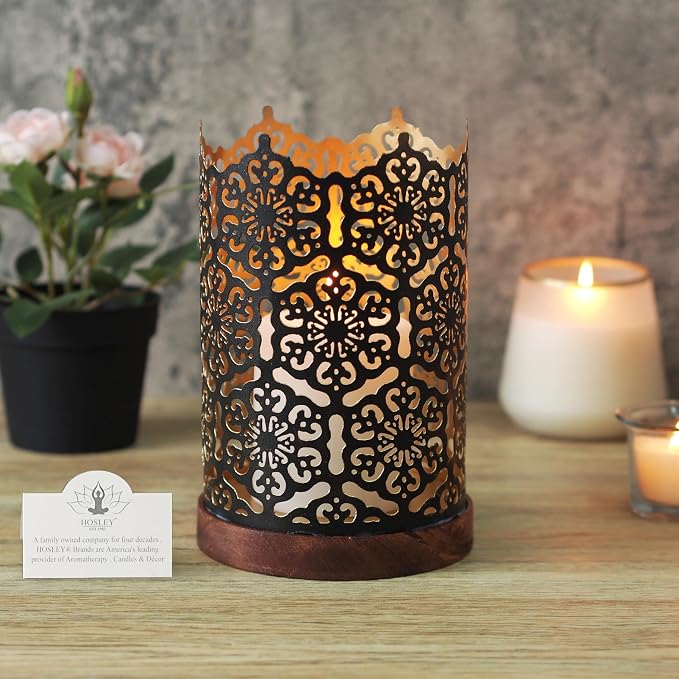 Hosley® Metal Diamond Cut Design Candle Holder 7.5 Inch High, Black Gold Perfect for Home Decor, Lighting, Wedding, Parties, Gifting