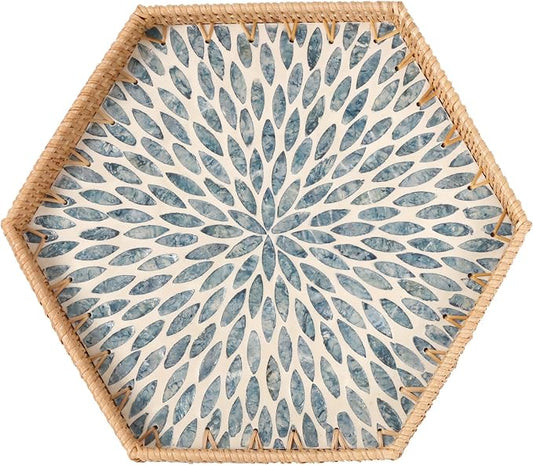 Hexagon Rattan Tray with Mother of Pearl Inlay, Rattan Serving Tray for Coffee, Bread, Fruits, Snacks, Decorative Wicker Tray for Table Decor, Home Decor (Light Blue Leaves, 14.5"×12.8")