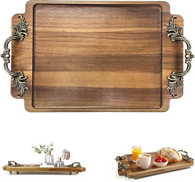 Vintage Coffee Table Decor Wooden Serving Tray, Home Decorative Wood Vanity Tray for Bathroom Kitchen Bedroom