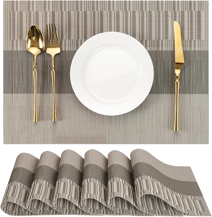 Placemats Set of 6, Vinyl Woven Place Mats Indoor Set of 6 Washable Wipeable PVC Table Mats Heat-Resistant Non Slip Placemat for Kitchen Dining Outdoor Table (Gray Dark Gray, Set of 6)