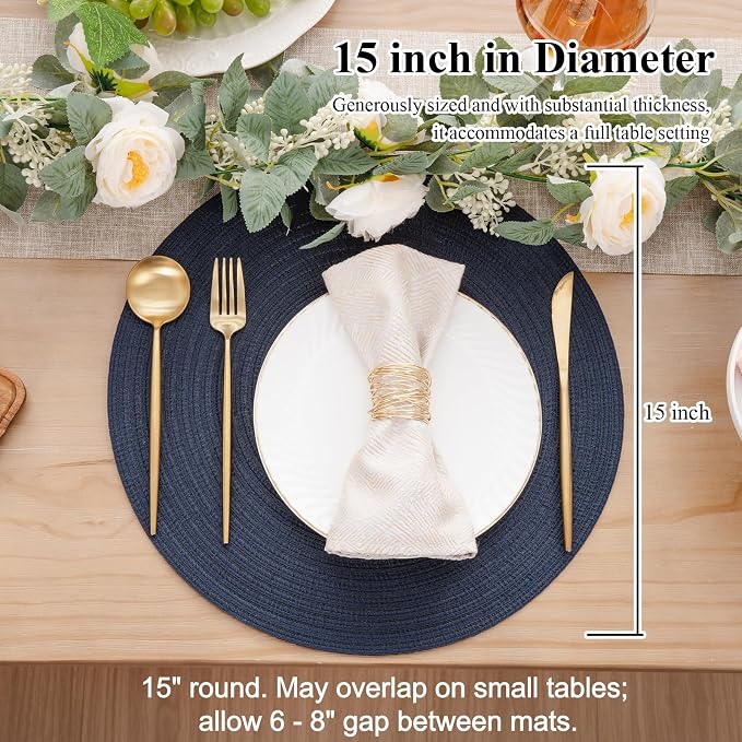 SHACOS Round Placemats Set of 8 Washable 15 inch Round Table Mats Cotton Polyester Woven Braided Place Mats for Dining Table, Navy