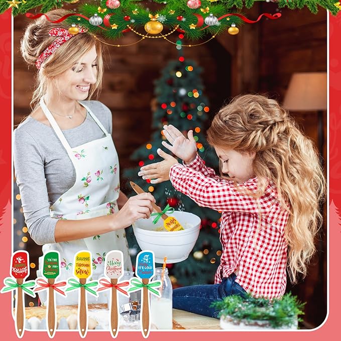 Newtay 20 Sets Christmas Silicone Spatula Cake Spatula Bulk Cooking Scraper with Wooden Handle Xmas Greeting Card Ribbon for Christmas Decoration Holiday Gifts Kitchen Party Favors (Classic Style)