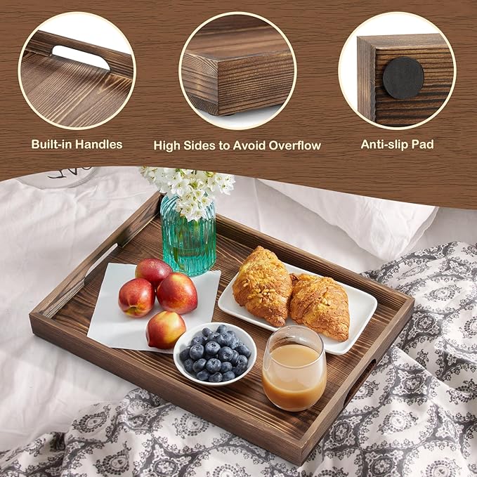17 Inch Burnt Wood Serving Tray with Handles - Large Wooden Tray for Ottoman, Breakfast in Bed, Dinner, Coffee Table - Decorative Brown Rectangular Tray for Living Room Entryway and Kitchen Decor