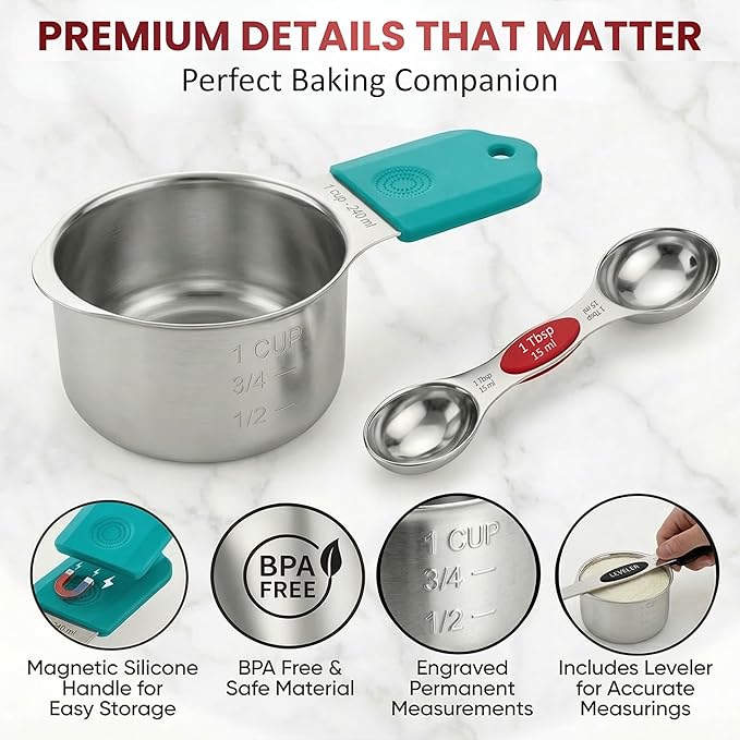 Magnetic Measuring Cups and Spoons Set of 16, 304 Stainless Steel with Multicolor Silicone Handles, 7 Cups, 8 Double-Sided Spoons and Leveler, Laser-Engraved, Stackable, Dishwasher Safe for Baking