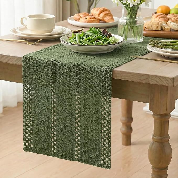Artoid Mode Army Green Farmhouse Woven Rustic Hollow Table Runner, Seasonal Holiday Hollow Kitchen Dining Table Decoration for Home Party Decor 12x90 Inch