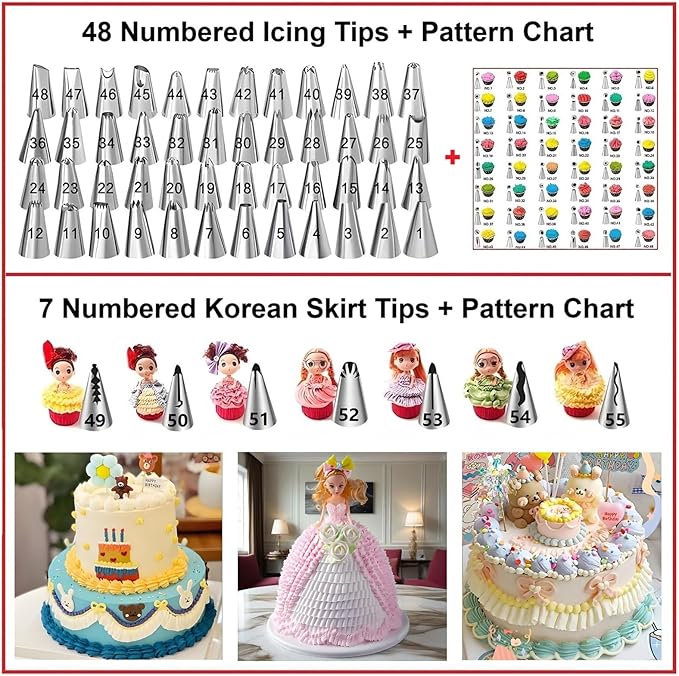 Cake Decorating Kit, 390 Pcs Baking Supplies Tools with Cake Turntable, Leveler, 55 Numbered Icing+Skirt Tips, 2 Spatulas, 3 Scrapers, 100 Pastry Bags,150 Cupcake Liners & More, (Pink)