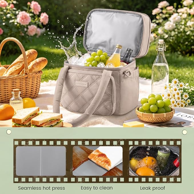 LOVEVOOK Insulated Lunch Bag Women,Expandable Double Deck Adult Lunch Box Women with Cup Holder,Bow Quilted Puffer Lunch Tote,Large Leakproof Collapsible Cooler Bag for Work College Picnic Meal Prep