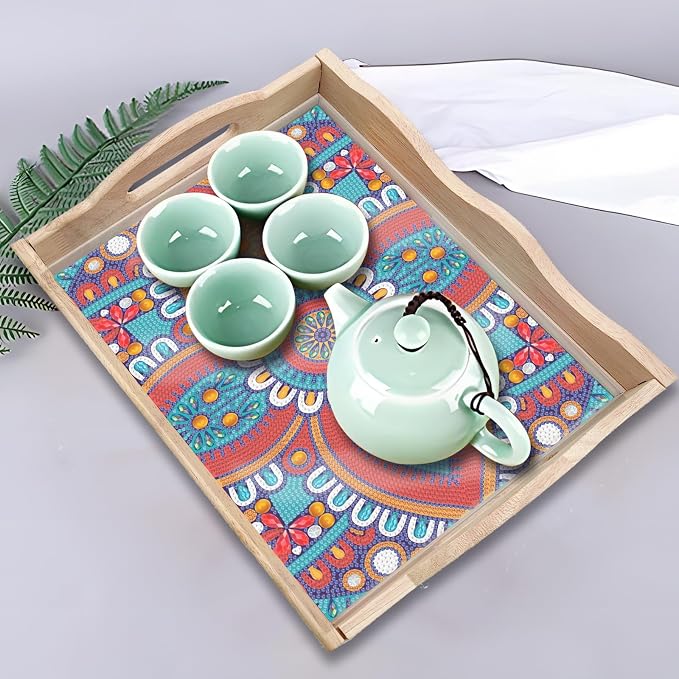 Generic DIY Diamond Serving Tray Rectangular Upgrade Increase Breakfast Tray with Handles Handmade Diamond Art Painting Wooden Tray Dinner Plate for Coffee Living Room Home Organizer-Mandala04