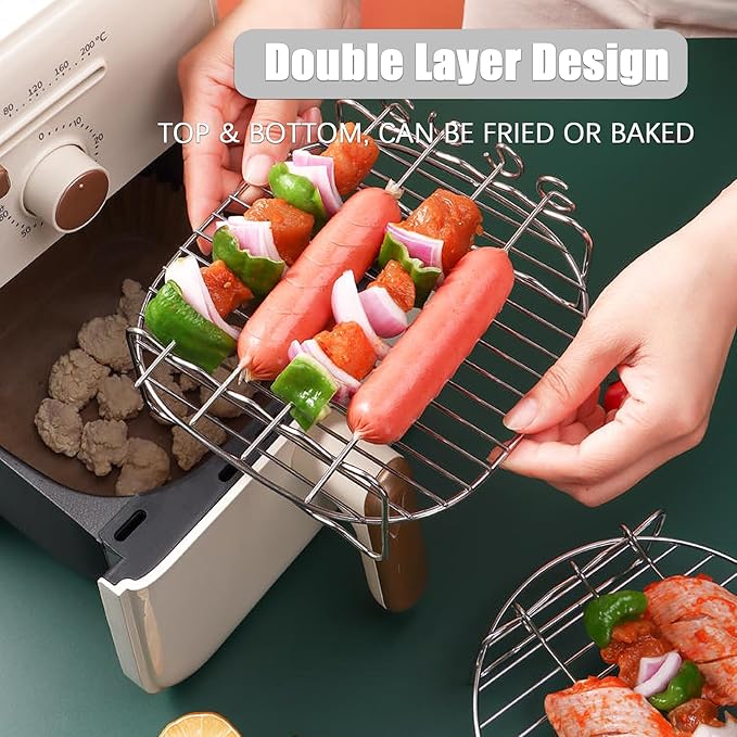 Air Fryer Baking Tray, Non-Stick Stainless Steel BBQ Rack, Double Layer Skewers Baking Tray, Round Air Fryer Rack, Cooling and Steaming Rack Basket for Baking, Grilling & Roasting