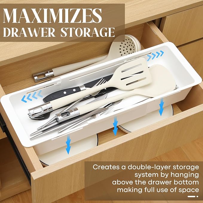 2 Pack Deep Drawer Organizer Bins, Sliding Drawer Organizer Bin Expandable and Adjustable Tray for Kitchen Utensils, BBQ Tools, Towels, Durable Plastic Sliding for Easy Storage(17.4-27.6")