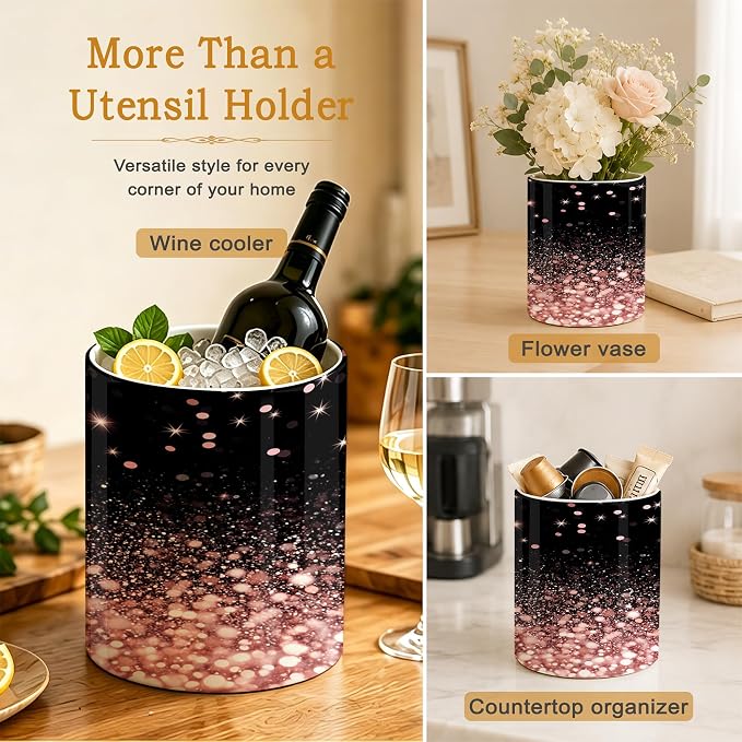 Kitchen Utensil Holder,Rose Gold Glitter Large Ceramic Utensil Crock Organizer for Spatulas,Spoons and Cooking Tools,Kitchen,Home Decoration 6.3"