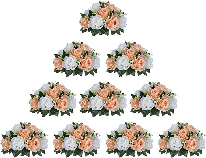 BLOSMON Flower Balls for Wedding Centerpieces: 10pcs 9.5 Inch Fake Rose | Peach Fuzz Kissing Balls Floral Arrangement for Table - Artificial Silk Bouquet with Base for Home Party DIY Decoration