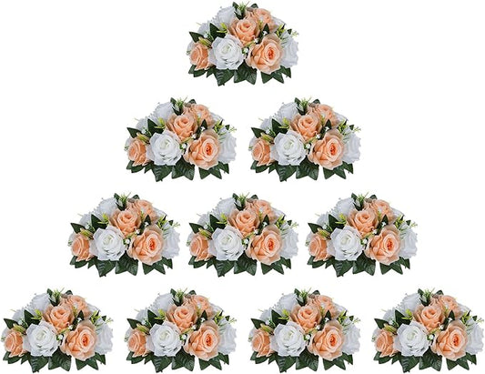 BLOSMON Flower Balls for Wedding Centerpieces: 10pcs 9.5 Inch Fake Rose | Peach Fuzz Kissing Balls Floral Arrangement for Table - Artificial Silk Bouquet with Base for Home Party DIY Decoration