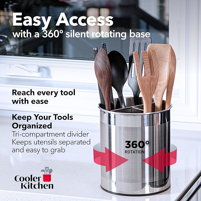 Cooler Kitchen Rotating Extra Large Stainless Steel Utensil Holder Caddy with Sturdy No-Tip Weighted Base, Removable Divider, and Gripped Insert Bottom -Dishwasher Safe Metal Cooking Utensil Holder