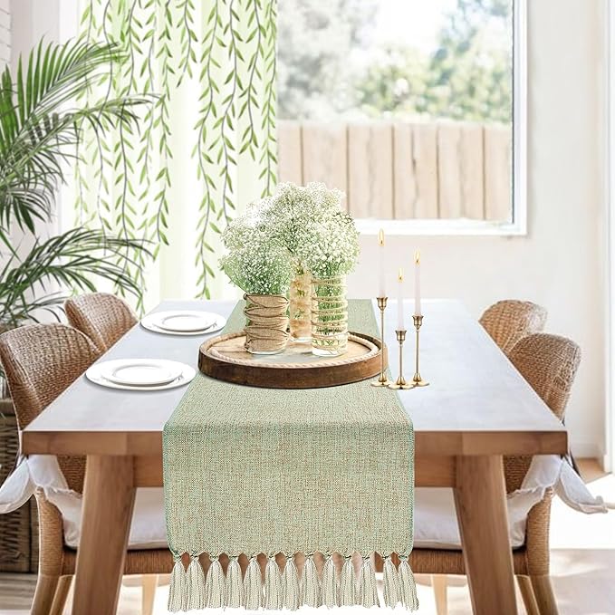 yuboo Sage Green Table Runner 48 Inches - Boho Farmhouse Coffee Table Runner for Living Room, Easter Decor, Spring Macrame Runner for Round Table & TV Stand