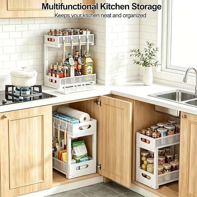Under Sink Organizer, Pull Out Cabinet Organizer, White | Rustproof Carbon Steel, 2 Tier Mesh Sliding Drawers, 5-Level Height Adjustable to Bypass Pipes, for Kitchen Bathroom Laundry
