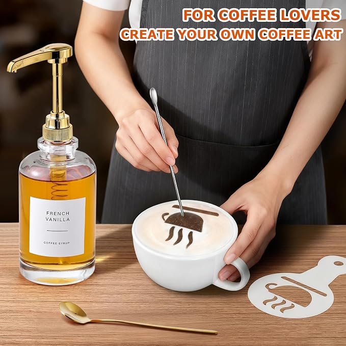 Coffee Syrup Dispenser for Bar, Glass Syrup Bottle with Pump, Coffee Pump Dispenser Bottle, Spoon for Station,16.9 oz, 500 ml