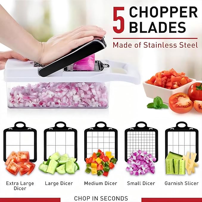 25-in-1 Vegetable Chopper, Onion Dicer, Food Slicer & Spiralizer with Container, Stainless Steel Blades, BPA-Free Multi-Function Kitchen Cutter for Meal Prep