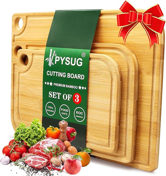 3Pcs Bamboo Cutting Boards for Kitchen, Healthy Wooden Cutting Boards for kitchen, Charcuterie, Vegetables, Cheese, Chopping Boards with Deep Juice Groove and Handle, Natural