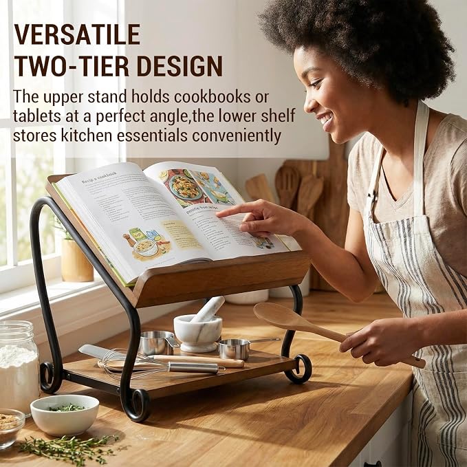 MyGift 2-Tier Deluxe Solid Wood and Matte Black Scrollwork Metal Cookbook Holder Stand with Bottom Storage Shelf – Rustic Recipe Book Display Rack for Kitchen Countertop