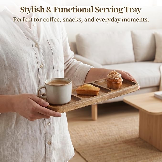 Small Wooden Tray | Acacia Wood Tray for Vanity, Bathroom Counter, Coffee Table & Toilet | Perfect for Jewelry, Key & Catch All | Mini Charcuterie Board Serving Platter (Rectangular 3-Compartment)