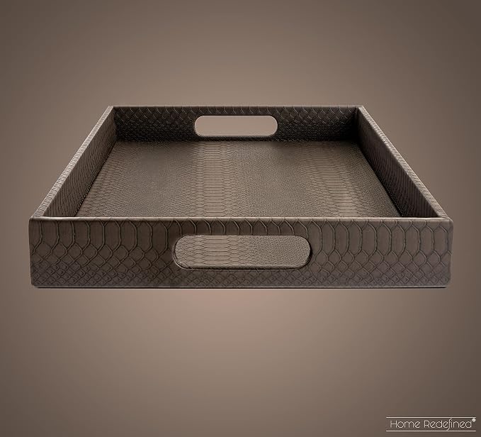Modern 17.5"x12" Rectangle Brown Snake Faux Leather Decorative Tray Serving Tray with Handles Ottoman Coffee Table Dresser Living Room Kitchen Tray by Home Redefined for All Occasion's.