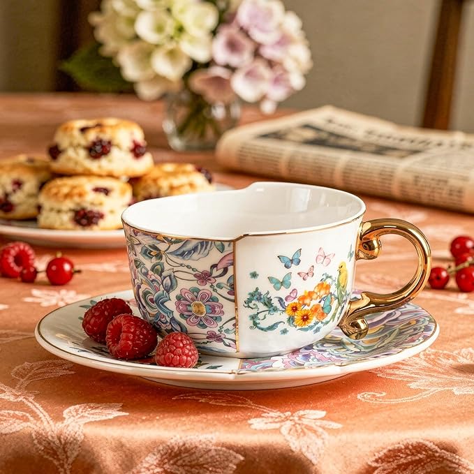 KAMMAK Tea Cups and Saucers Set of 2, Fine Bone China Coffee Cups, 8.45-Ounce Stackable Espresso Mugs, Ceramic Demitasse for Coffee, Cappuccino, Latte, Americano, Tea, Peony + Parrot