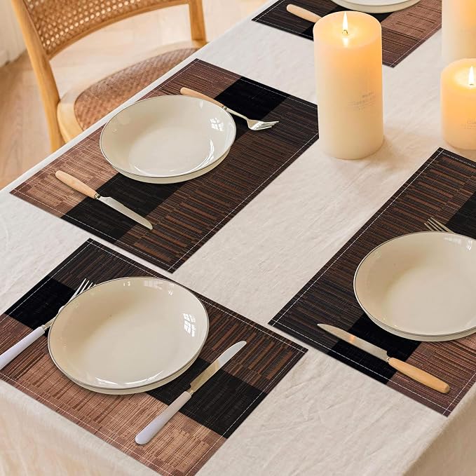 Niviy Brown Placemats Set of 4, 12x18 Inch Washable Easy to Clean Heat-Resistant Anti-Skid Grey Placemats for Holiday Party Kitchen Dining Room Decoration