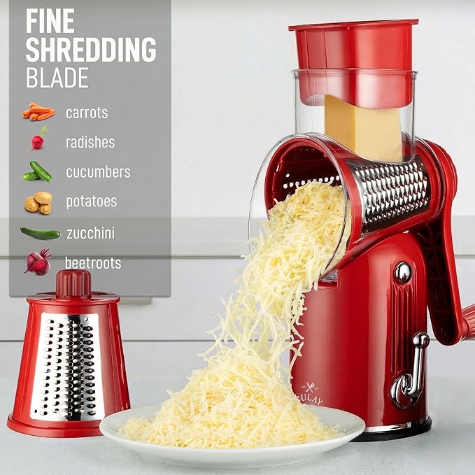 Zulay Kitchen Rotary Cheese Grater 5 Blade Cheese Shredder - Manual Hand Crank Cheese Grater With Reinforced Suction & 5 Interchangeable Drums - Easy to Use, Vegetable Chopper Round Mandoline Slicer