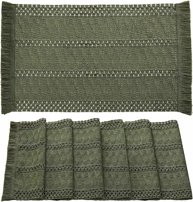 ZeeMart Macrame Style Boho Placemats Set of 6, Olive 12x20 Inch | Decorative Farmhouse Table Mats, Natural Cotton Woven Place Mats, Bohemian Home Decor for Kitchen Dining Table