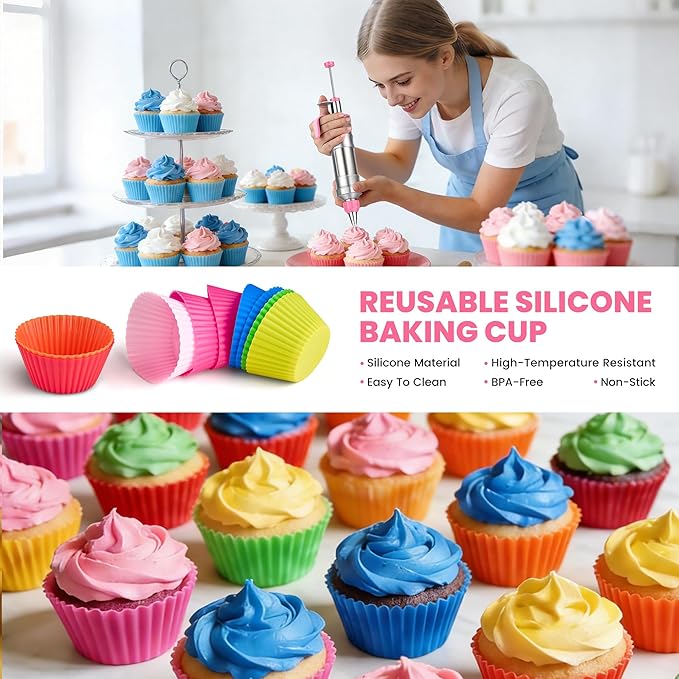 Dessert Decorating Syringe Set - Cupcake Icing Piping Kit, Cupcake Frosting Filling Injector with 54 Piping Icing Nozzles, 9 Silicone Cupcakes, 3 Cream Scrapers -for Cake,Cupcakes,Cookie (69Pcs-Pink)