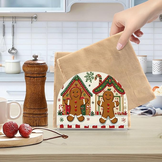 Christmas Gingerbread Napkin Holder for Tables Paper Cocktail Napkin Holders for Kitchen and Dinning, Acrylic Dinner Napkin Dispenser for Restaurant Home Decor Bar Accessories 1 Pack