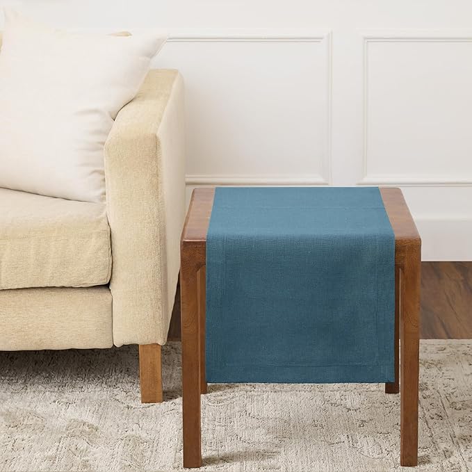 Solino Home Peacock Blue Table Runner 36 Inches - 100% Pure Linen Short Table Runner 14 x 36 Inch Ideal for Dresser and Coffee Tables - Fete