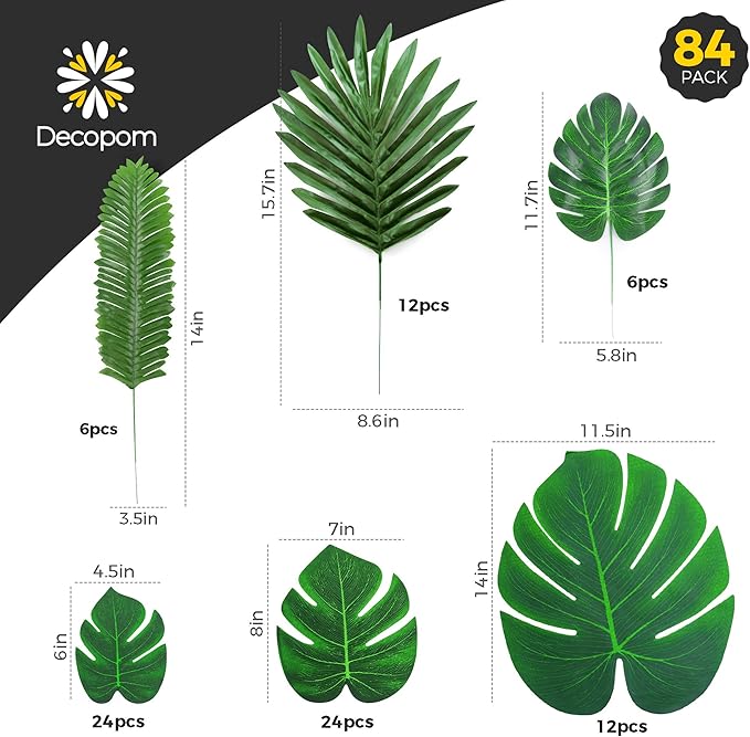 Decopom Palm Leaves Artificial Tropical Monstera-84Pcs 6 Kinds Large Small Green Fake Palm Leaf with Stems for Safari Jungle Hawaiian Luau Party Table Decoration Wedding Birthday Theme Party