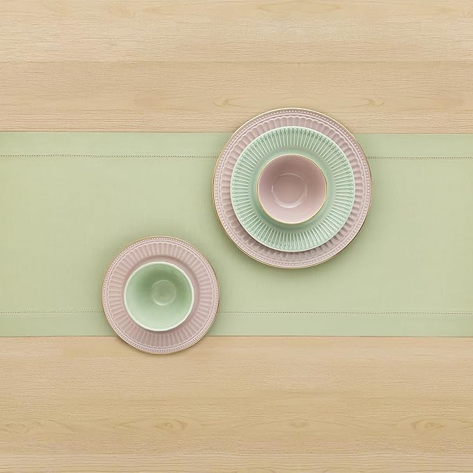 Solino Home Sage Table Runner 108 Inches Long - Cotton Linen Hemstitch 14 x 108 Inch Table Runner for Dining, Spring, Summer
