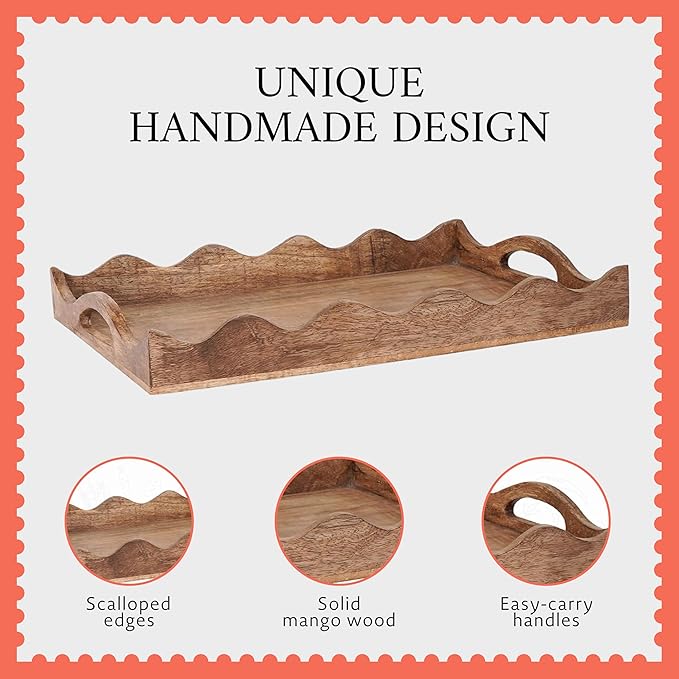 Mela Artisans 14” x 10” x 2.5” Mango Wood Serving Tray with Handles – Ottoman Scallop White Burnt – Medium Handcrafted Wooden Serving Board for Breakfast, Coffee & Home Décor