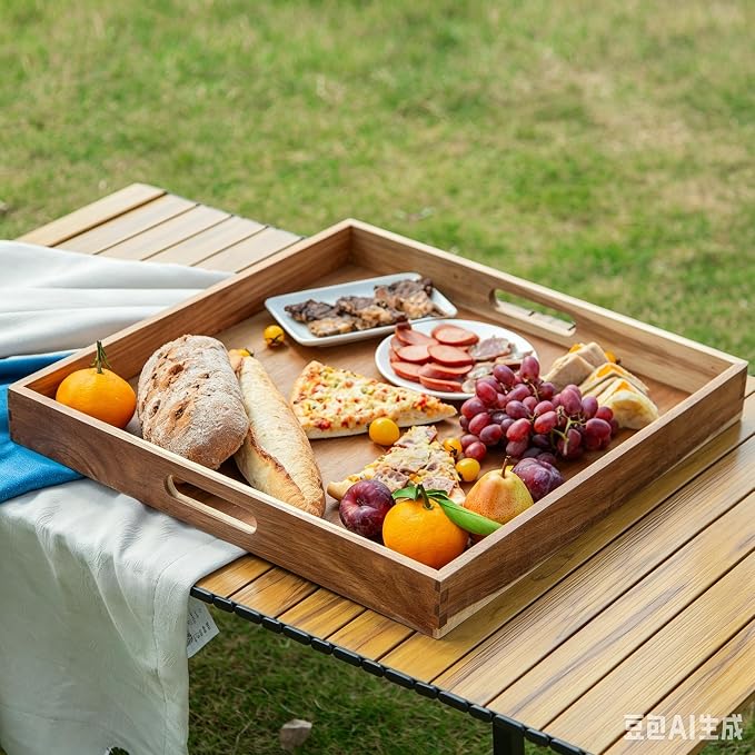 Extra Large 22INCH Premium Acacia Wood Tray Square Ottoman Tray with Handles Wooden Serving Tray Multi-Use for Breakfast in Bed Coffee Table Snack Entertaining Guests