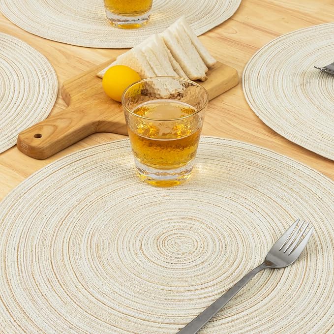 Winknowl Round Braided Placemats Set of 8 Washable Woven Heat Resistant Table Mats for Kitchen Dining Tables 15 inch Round Place Mats (Ivory,8)