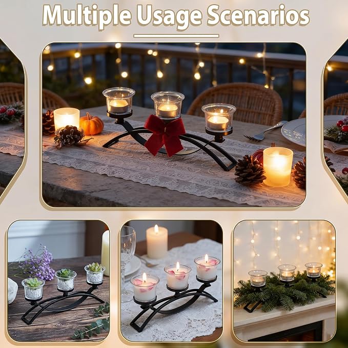 3-Arm Metal Tea Light Candle Holder Set with 5 Glass Cups, Votive Candle Holders Centerpiece Candelabra for Wedding Table Decor, Home Gatherings and Holidays (Black, 3 Cups-2 Pcs)